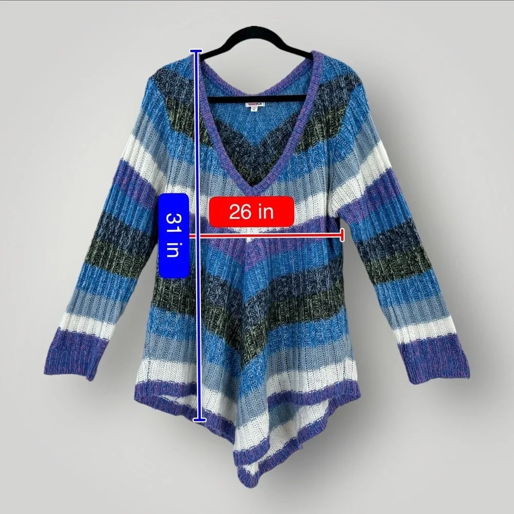 Bongo Plus‎ Sweater Woman's Size 3X Multicolor V-Neck Blue Purple Gray Stripe